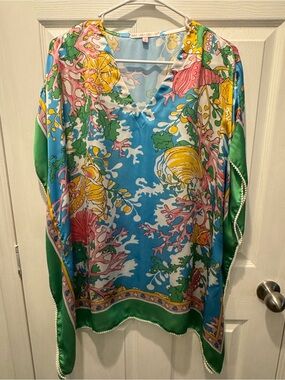Barbara Gerwit V-Neck Seashell Print Tunic - Blue, Green, Yellow & Pink
